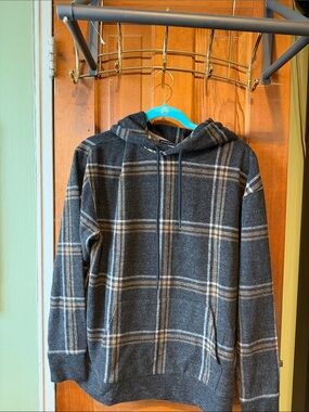 Express Men's Charcoal Plaid Hooded Pullover Sweater